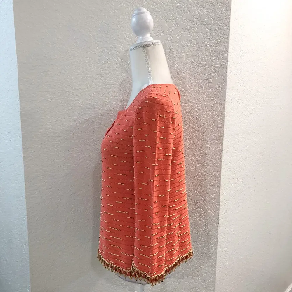 Vintage Oscar De La Renta 100% Silk Beaded Coral Sweater Top